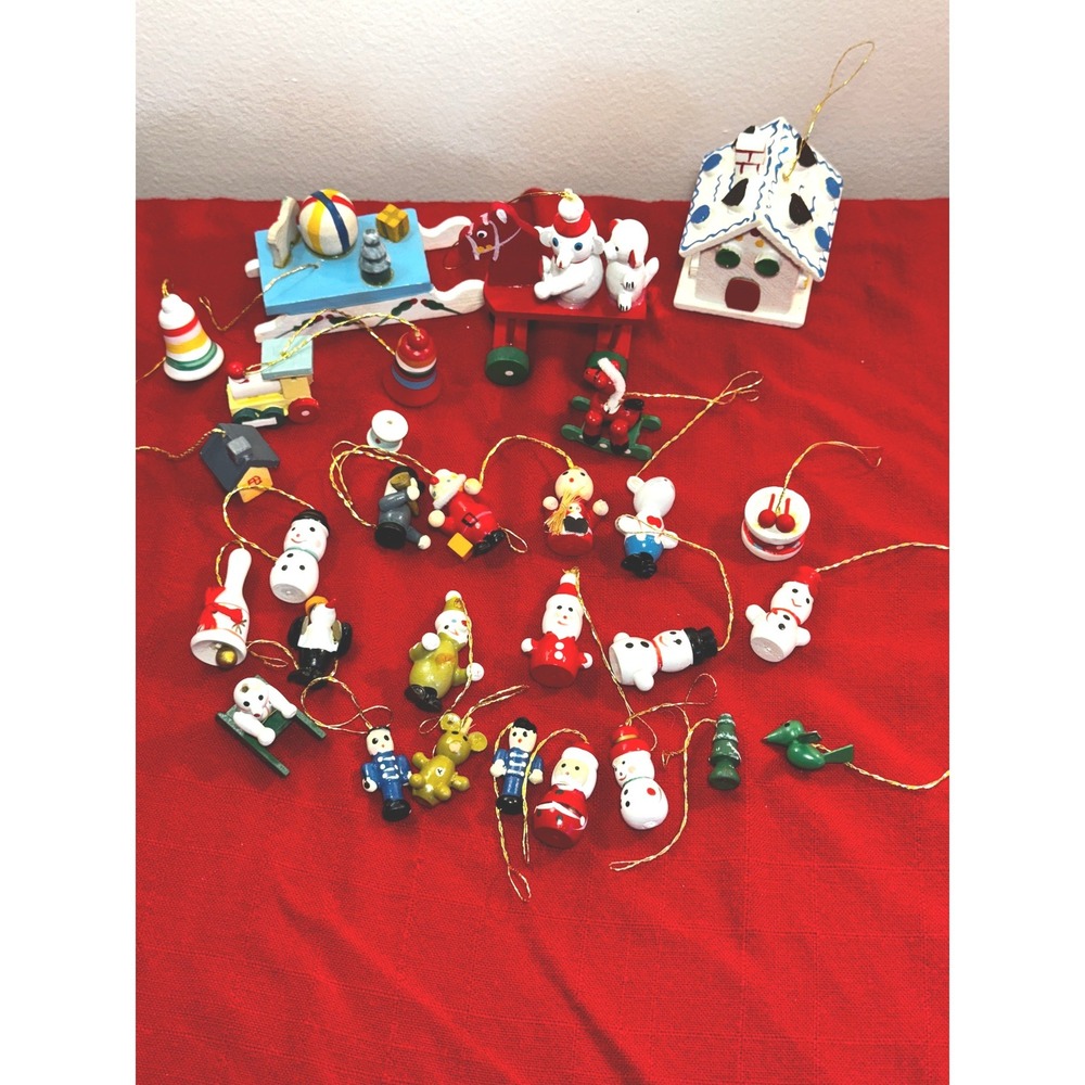 Vintage Miniature Wooden Christmas Ornaments Lot 26pc Santa Snowman Nutcracker
